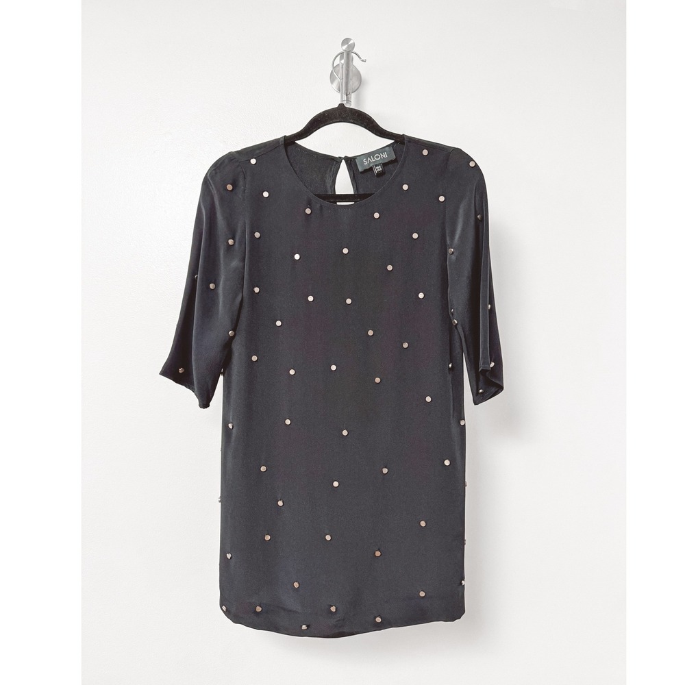 Saloni Silk Studded Gold Stud Elbow Sleeve Shift Mini Dress US 2 UK 6 Black
